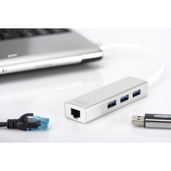 Digitus DA-70250-1 3+1 Port USB 3.0-hubb med inbyggd nätverksanslutning Silver