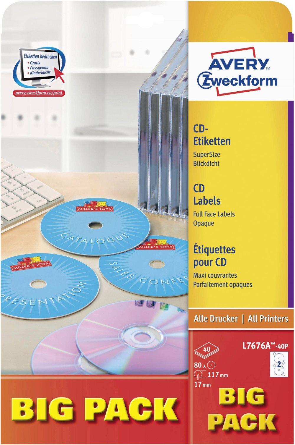 Avery-Zweckform CD-etiketter L7676A-40P 117 mm Papir Hvid 80 stk Permanent Uigennemsigtig, Indtil kernehul trykbar Bläck, Laser