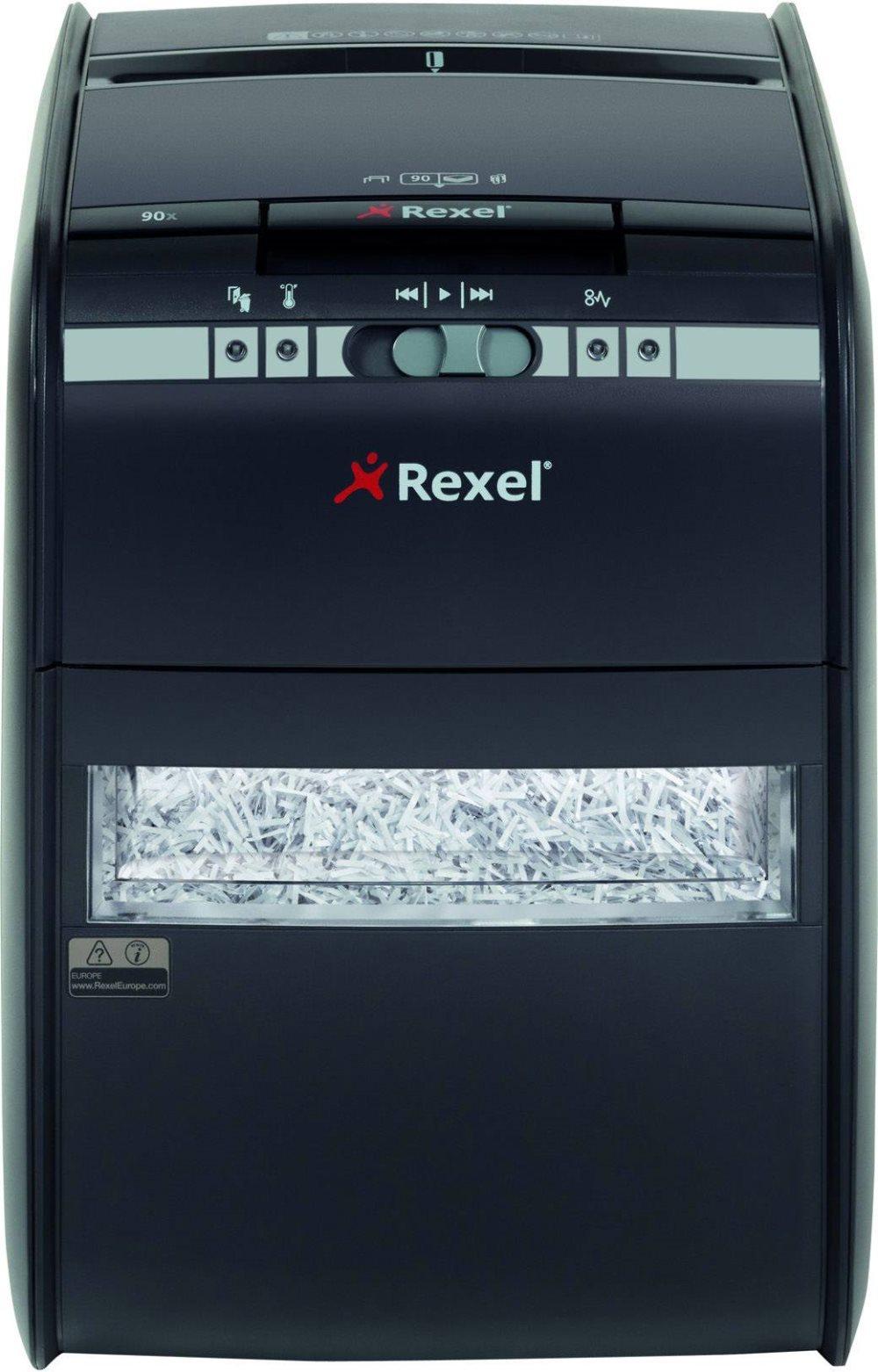 Rexel Auto+ 90X Makulator Partikelsnit 4 x 45 mm 20 l Arkantal (max.): 100 Sikkerhedstrin (makulator) 3 Makulerer også Papirclips, Hæfteklammer, Kreditkort