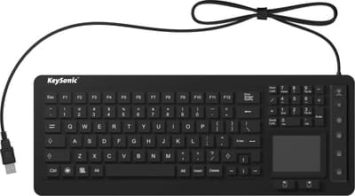 Keysonic KSK-6231 INEL (US) USB Tastatur US-engelsk, QWERTY, Windows Sort Silikonemembran, Vandresistent (IPX7), Belyst, Integreret touchpad, Museknapper