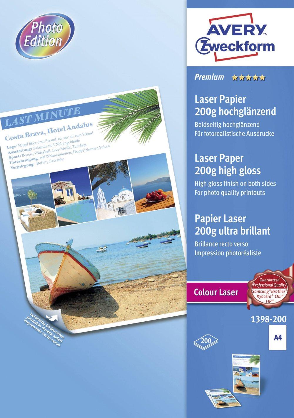 Avery-Zweckform Premium Laser Paper 200g high gloss 1398-200 Laser printerpapir DIN A4 200 gm 200 Blad Hvid