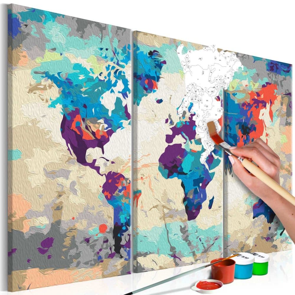 DIY lærred maleri - World Map (Blue & Red) 3 Parts