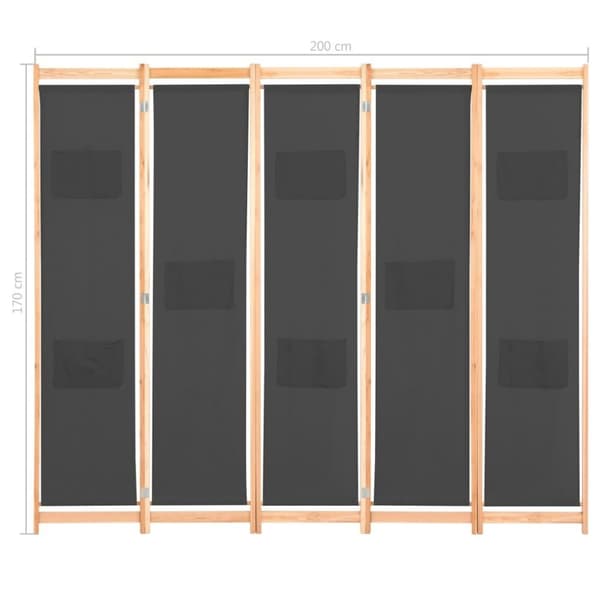 vidaXL Romdeler 5 paneler grå 200x170x4 cm stoff