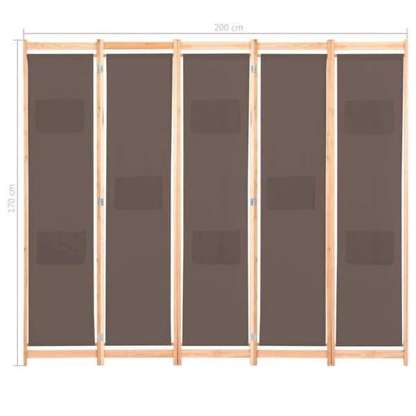 vidaXL Romdeler 5 paneler brun 200x170x4 cm stoff