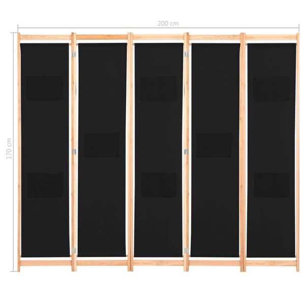 vidaXL Romdeler 5 paneler svart 200x170x4 cm stoff