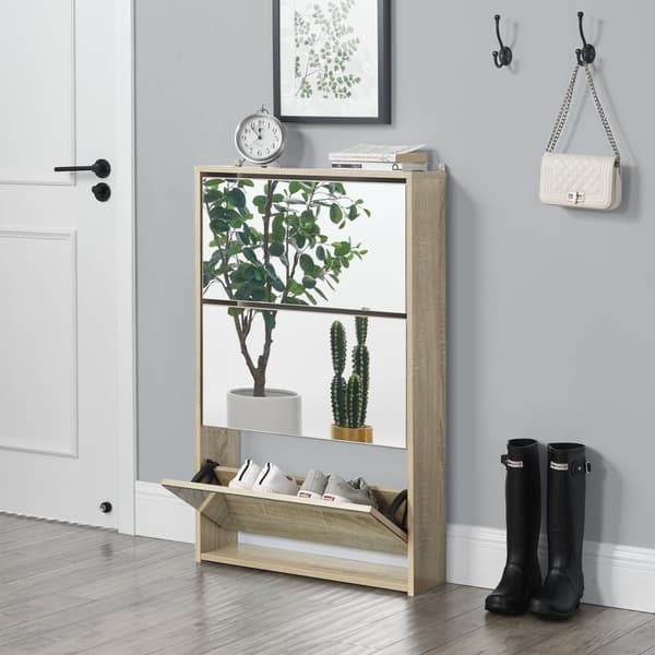 [en.casa] Skoskab - med 3 skuffer og spejl - 102,5x63x17cm - plads for 9 par sko - Sonoma eg farvet