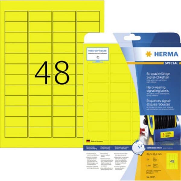 Herma 8030 Folieetiketter 45.7 x 21.2 mm Polyesterfilm Gul 1200 st Extra starkt Laser, Laser, färg, Kopiator, Färgkopia