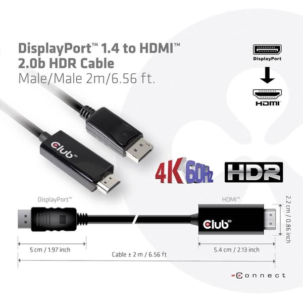 club3D DisplayPort / HDMI Adapterkabel DisplayPort-kontakt, HDMI-A-kontakt 2.00 m Silver CAC-1082 DisplayPort-kabel