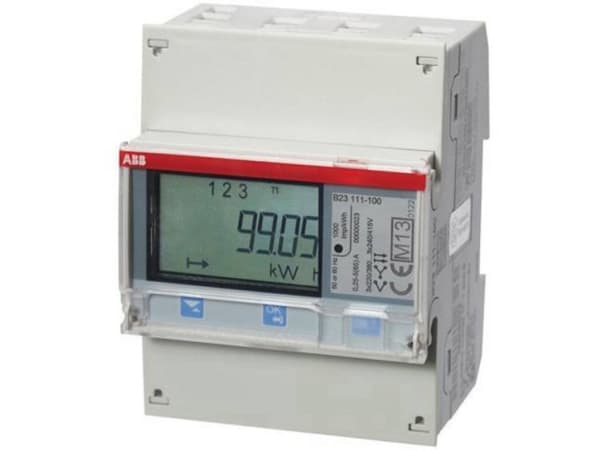 ABB:n sähkömittari suoraa mittausta varten 65 ampeeriin asti. 3P+N, 230-400V MID-hyväksytty Cl. B (luokka 1), ulostulot pulssi/hälytys.