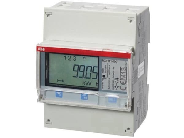 ABB:n sähkömittari suoraa mittausta varten 65 ampeeriin asti. 3P+N, 230-400V MID-hyväksytty Cl. B (luokka 1), ulostulot pulssi/hälytys.