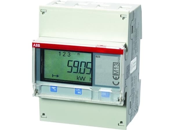 ABB:n sähkömittari suoraa mittausta varten 65 ampeeriin asti. 3P+N, 230-400V MID-hyväksytty Cl. B (luokka 1), ulostulot pulssi/hälytys.