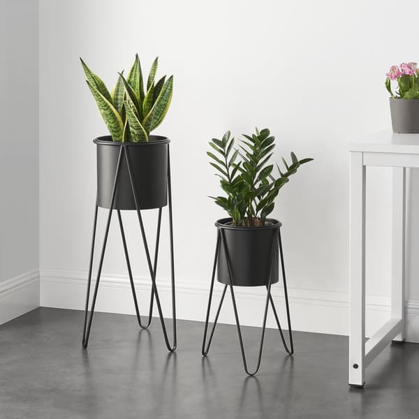 [casa.pro]® Plantestativ sæt - 2 stk. - med indbyggede krukker - 48x25cm - 70,5x32cm - Metal / sort