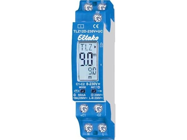 ELTAKO Automatisk trappkontroller med multifunktion med LCD, 1NO 16A, spolspänning 8-230V AC/DC, inställningsområde 1-99 min., DIN-skena, 18 mm bred