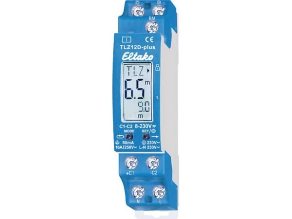ELTAKO Automatisk trappkontroller med multifunktion med LCD, 1NO 16A, spolspänning 8-230V AC/DC, inställningsområde 1-99 min., DIN-skena, 18 mm bred