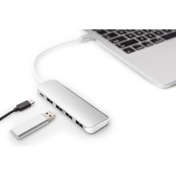 Digitus DA-70242-1 4+1 Port USB-Hub 3.0 med snabb-laddning, med USB-C-kontakt, Aluminiumhölje Silver