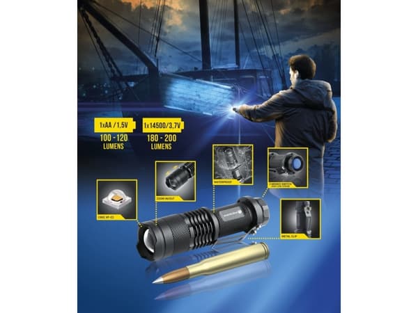 Everactive FL180, Käsikokoinen taskulamppu, Musta, Alumiini, Painikkeet, LED, 1 lamppua