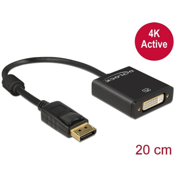 Delock DisplayPort / DVI Adapterkabel DisplayPort-kontakt, DVI-O 24 + 5-polig. Uttag 0.20 m Svart 62599 guldpläterad ko
