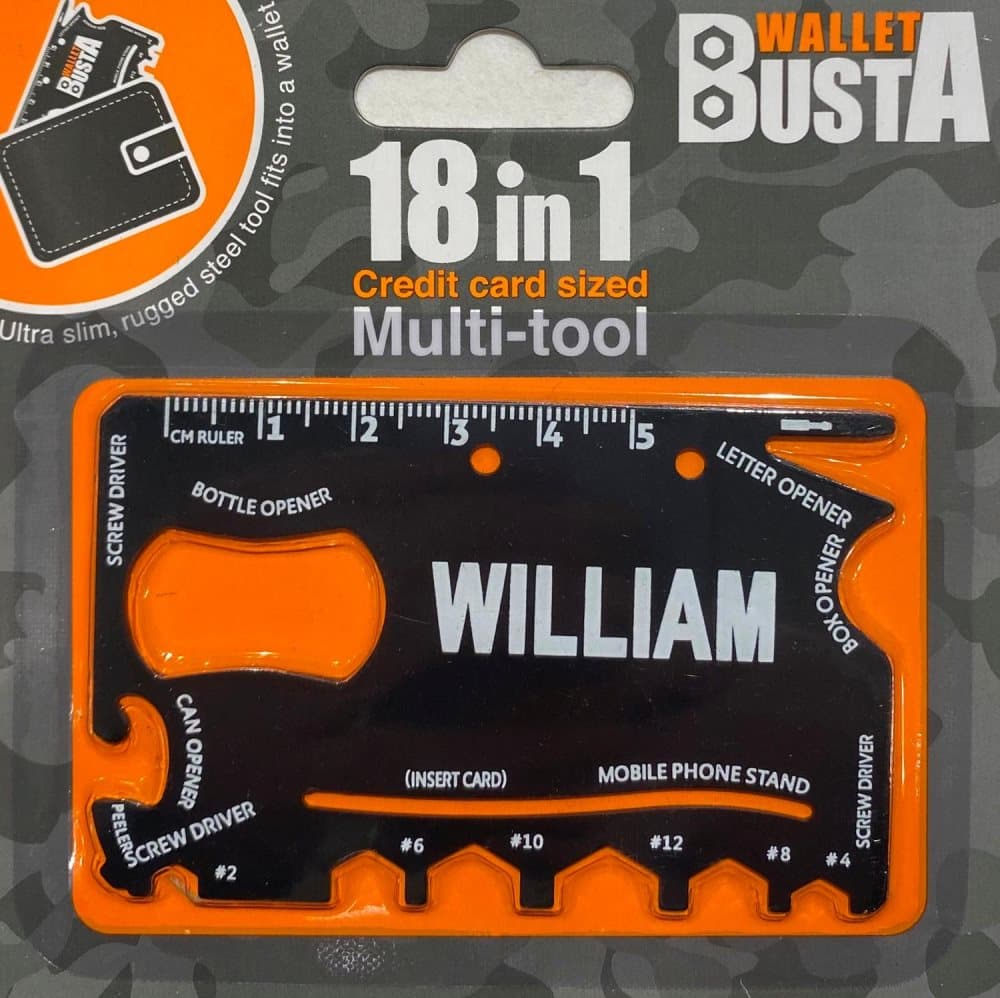 Multitool Multiverktyg WILLIAM kreditkort betalkort namn