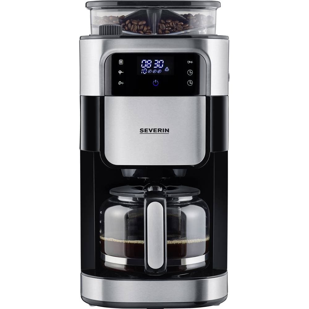 Severin KA 4813 Kaffemaskine Sort, Rustfrit stål (brstet) Kapacitet kopper=10 Display, Glaskande, med kværn, Timerfunktion, Funktion til at holde kaffen varm,