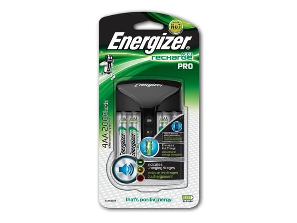 Energizer Pro Charger, Nikkelimetallihybridi (NiMH), Ylivaraus, Vastakkainen napaisuus, Oikosulku, AA, AAA, 4 kpl, Sisältää paristot