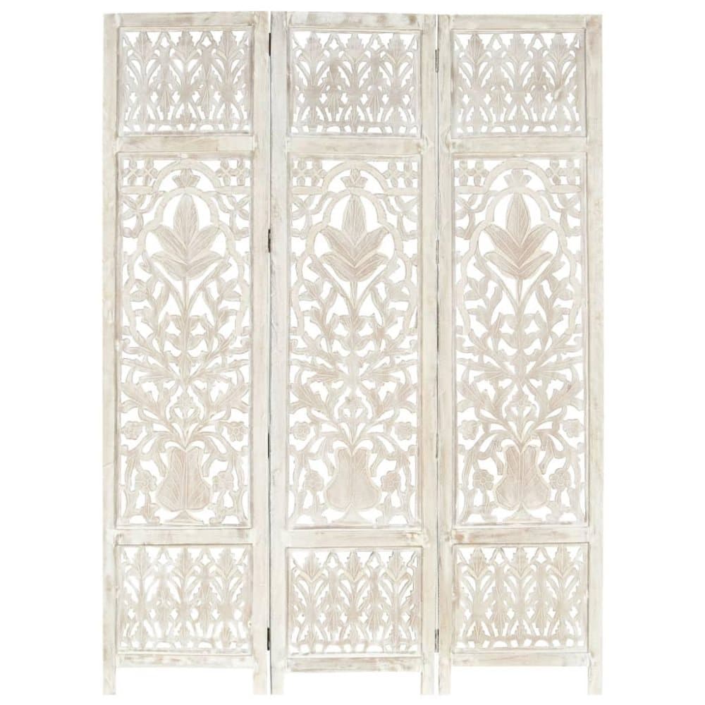 vidaXL Rumsavdelare 3 paneler handsnidad vit 120x165 cm mangoträ