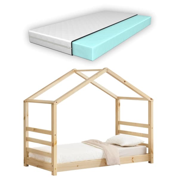 [en.casa]® Barnsäng Alicia inkl. madrass och ribbotten-166x88x134cm-furu-bäddmått: 160x80cm