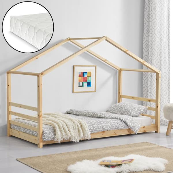 [en.casa]® Børneseng "Hus" med lamelbund - inkl. madras - fyrretræ - 200x90cm - naturlig træ farve