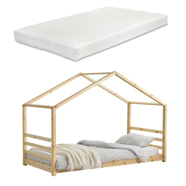 [en.casa]® Barnsäng Alicia inkl. madrass och ribbotten-206x98x142cm-furu-bäddmått: 200x90cm
