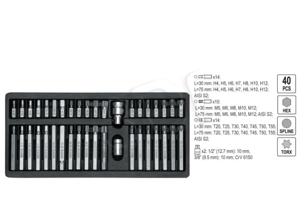 Yato YT-0400, 38 stykker, Hex (metrisk), Torx, T55, T20, T25, T30, T40, 12,4,5,6,7,8,10 mm, 30 mm, 75 mm
