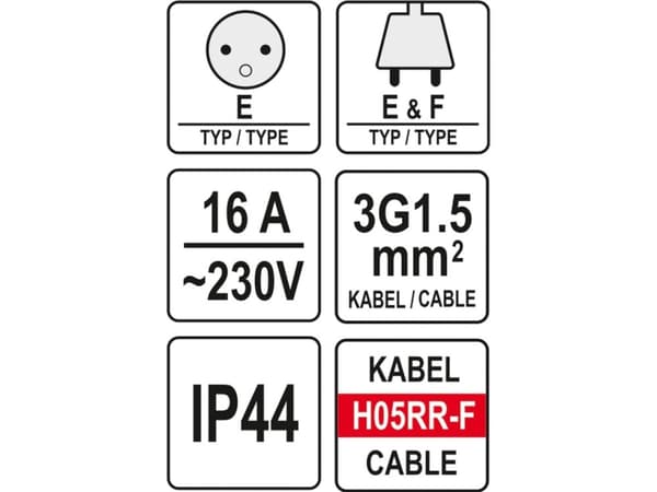 Yato YT-81052, Musta, Polyvinyylikloridi (PVC), 4 AC-pistorasia(a), Tyyppi E, Tyyppi E, Suora