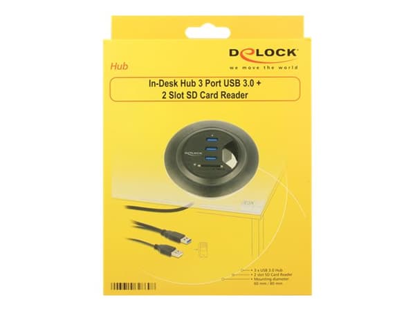 Delock In-Desk Hub 3 Port USB 3.0 + 2 Slot SD Card Reader - Hubb - 3 x SuperSpeed USB 3.0 - skrivbordsmodell