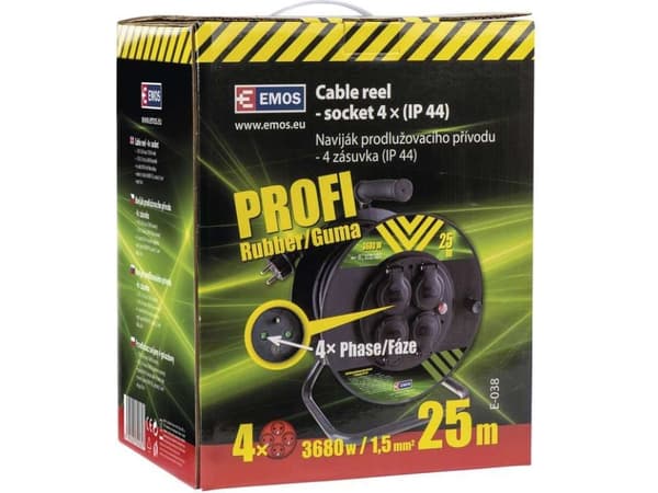 Emos P084251, 25 m, 4 AC-pistorasia(a), IP44, Musta, 230 V, 3680 W