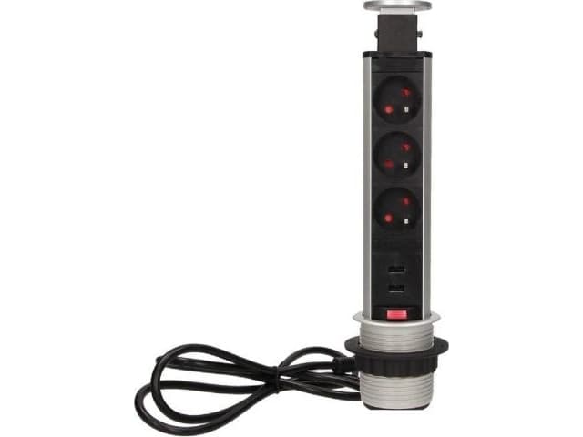 Orno Furniture socket 6 cm pull-out from above with USB charger, lock and 1.8 m cable, 3x2P + Z