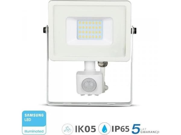 V-TAC flomlys LED-projektor 20W 1600lm 6400K SAMSUNG-diode med PIR-bevegelsessensor Hvit IP65 450