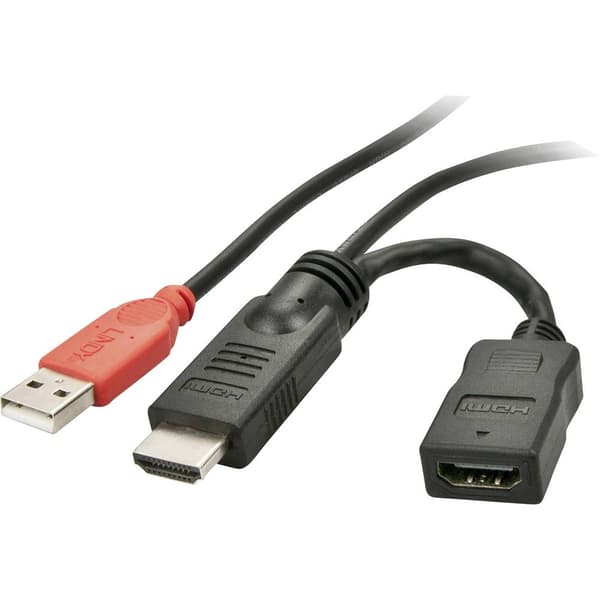 LINDY HDMI Likströmskabel HDMI-A-kontakt, USB-A kontakt, HDMI-A uttag 0.15 m Svart 41080 HDMI-kabel