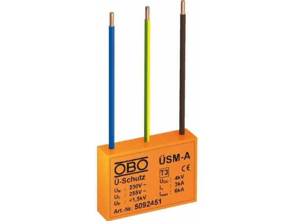 Obo Bettermann ÜSM-A. Nominell utgångsström: 16 A, Toppström common mode: 6000 A. Produktfärg: Orange. Vikt: 15 g, Bredd: 124 mm, Djup: 36 mm. Certif