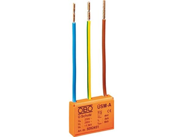 Obo Bettermann ÜSM-A. Nominell utgångsström: 16 A, Toppström common mode: 6000 A. Produktfärg: Orange. Vikt: 15 g, Bredd: 124 mm, Djup: 36 mm. Certif