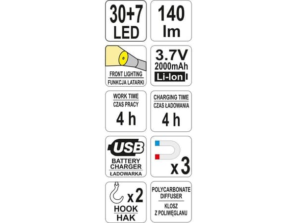 Yato YT-08507, LED, 140,3 lm, Musta, Punainen, IP20, Akku, Litiumioni (Li-Ion)