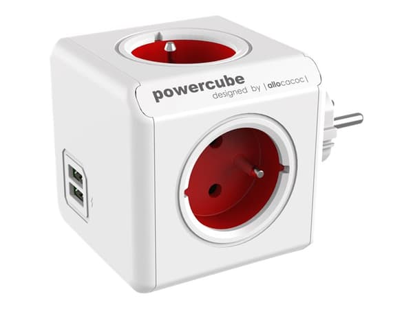 Allocacoc PowerCube original usb - Kraftdistributionsenhet - AC 250 V - 3680 Watt - utgångskontakter: 4 (2 x USB, 4 x power Type E) - vit, röd