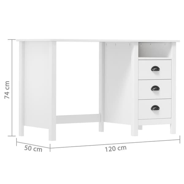 vidaXL Työpöytä Hill 3 laatikolla 120x50x74 cm täysi mänty