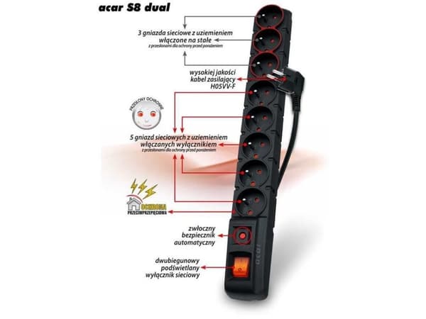 acar S8 dual - Ylijännitesuoja - AC 230 V - 2300 Watt - lähtöliittimet: 8 - 5 m kaapeli - musta