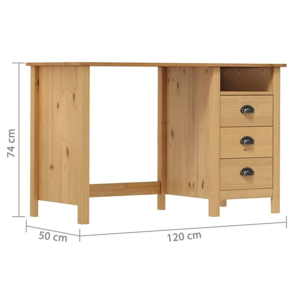vidaXL skrivebord Hill med 3 skuffer 120x50x74 cm massivt fyrretræ