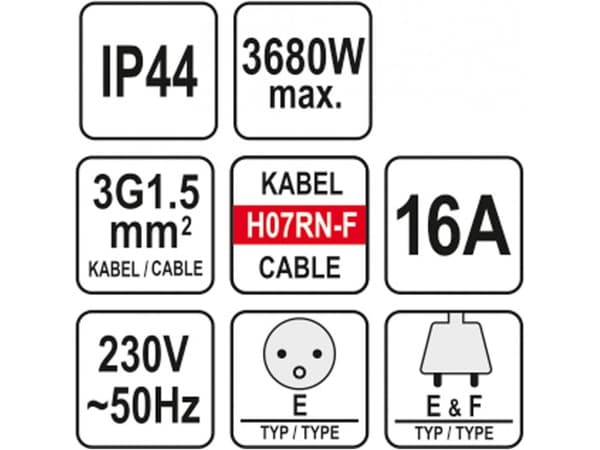 Yato YT-81162, 20 m, Sisä- ja ulkotila, Tyyppi E, Type EF (CEE 7/7), Suora, IP44