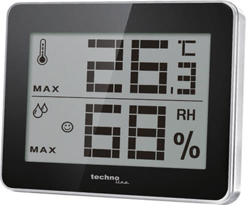 Technoline WS 9450, Musta, Hopea, Kosteusmittari sisäkäyttöön, Lämpömittari sisäkäyttöön, Kosteusmittari, Lämpömittari, F,°C, Akku, CR2025