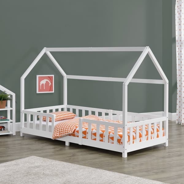 Juniorsäng Sisimiut hussäng 200x90cm furu vit med sängskydd [en.casa]