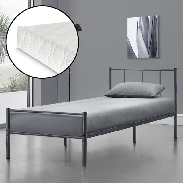 [en.casa]® Säng Ubah i metall inkl. ribbotten och madrass -200x90x16cm-stål-matt mörkgrå