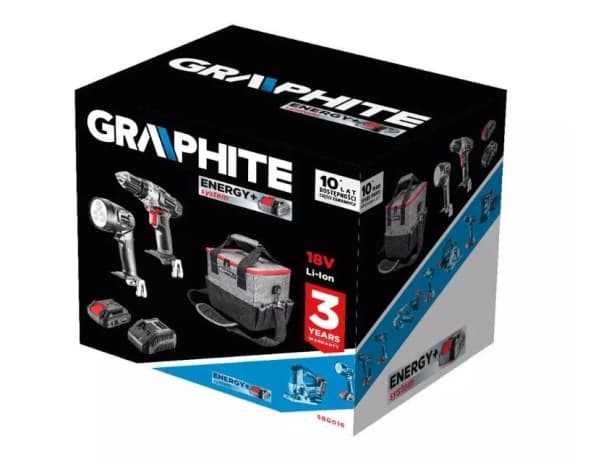 Graphite batteridrevet værktøjssæt boremaskine/driver, lommelygte, taske, Energy+ 18V batteri og oplader