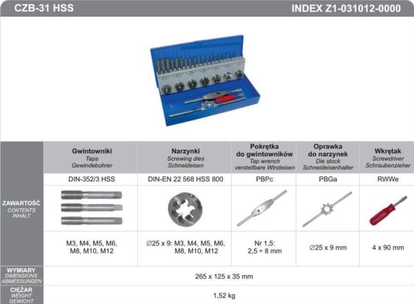 FANAR TAPS + DRIVES SET 31 stk. M3-M12 CZB-31 INOX