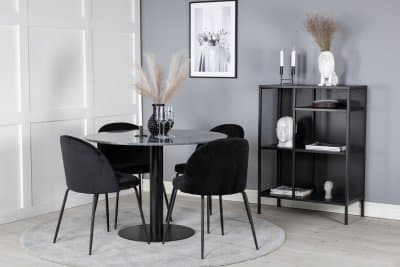 Matgrupp Venture Design – Matbord Estelle ø 106 cm - Mörk Marmor / Svart + 4 st Matstol Wrinkles – Svart Sammet