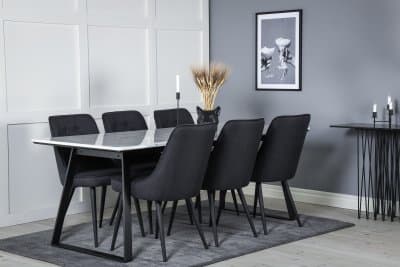 Matgrupp Venture Design – Matbord Estelle 200x90 cm – Vit Marmor / Svart + 6 st Matstol Velvet Deluxe - Svart